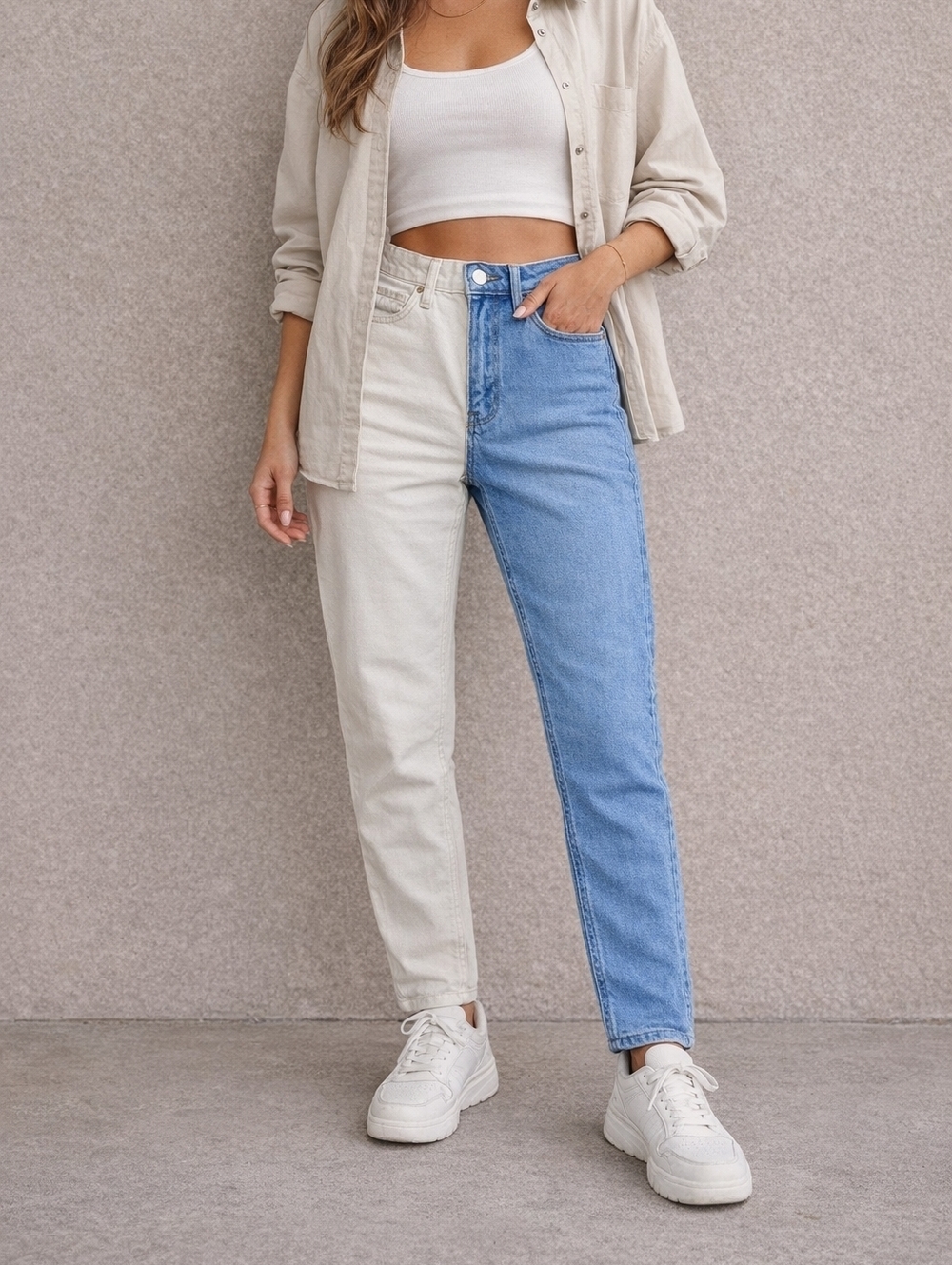 Hollister Two Tone Jeans 3R High Rise Split Denim Blue Cream Trendy